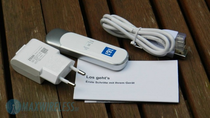 Lieferumfang: Router, USB-Kabel, Netzteil, Anleitung.