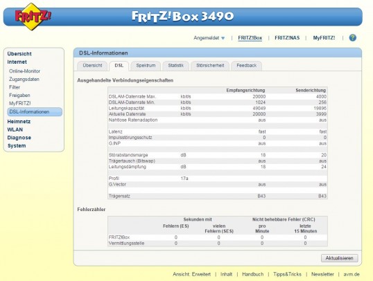 DSL Info-Menü der FRITZ!Box 3490