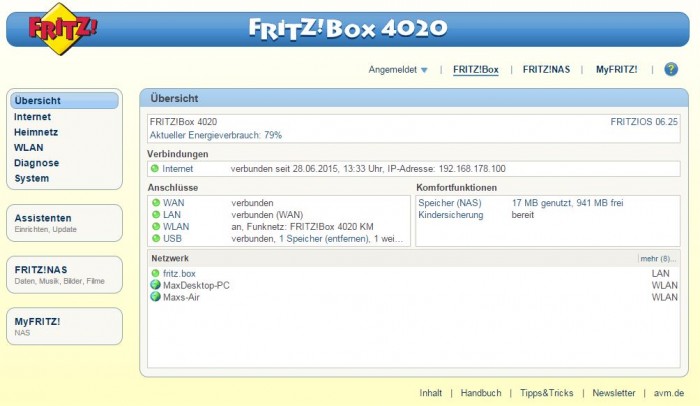 Startseite FRITZ!OS Webinterface