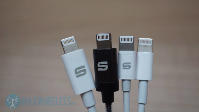 Vergleich: Syncwire 2m, 1m Nylon, 1m und original Apple Kabel (v. l. n. r.)