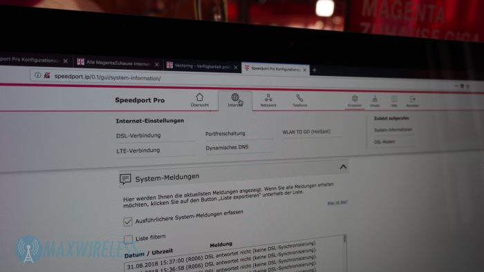 Webinterface des Telekom Speedport Pro. Bild: maxwireless.de.