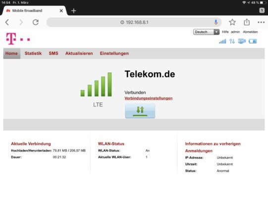 Startbildschirm am Huawei B529 Webinterface.